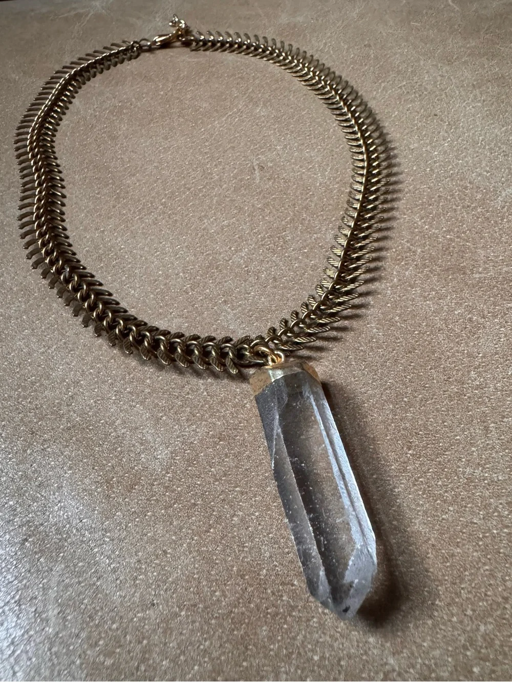 Crystal Quartz pendant necklace gold brass Fishbone chain